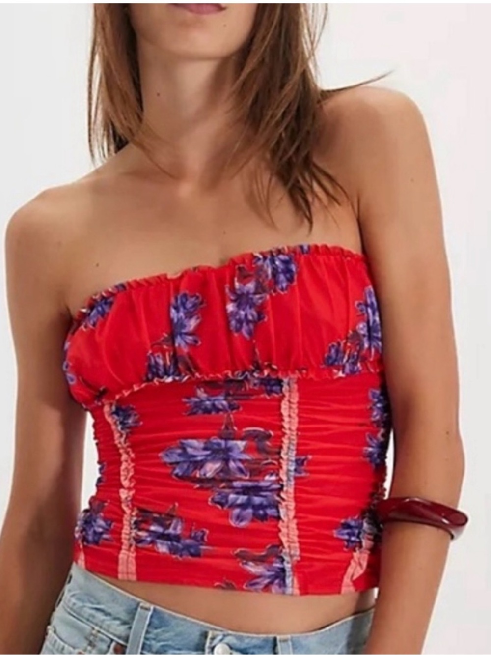 Free People NWOT Scotty Tube Top In Red With Purple Tropical Floral Print sz SML